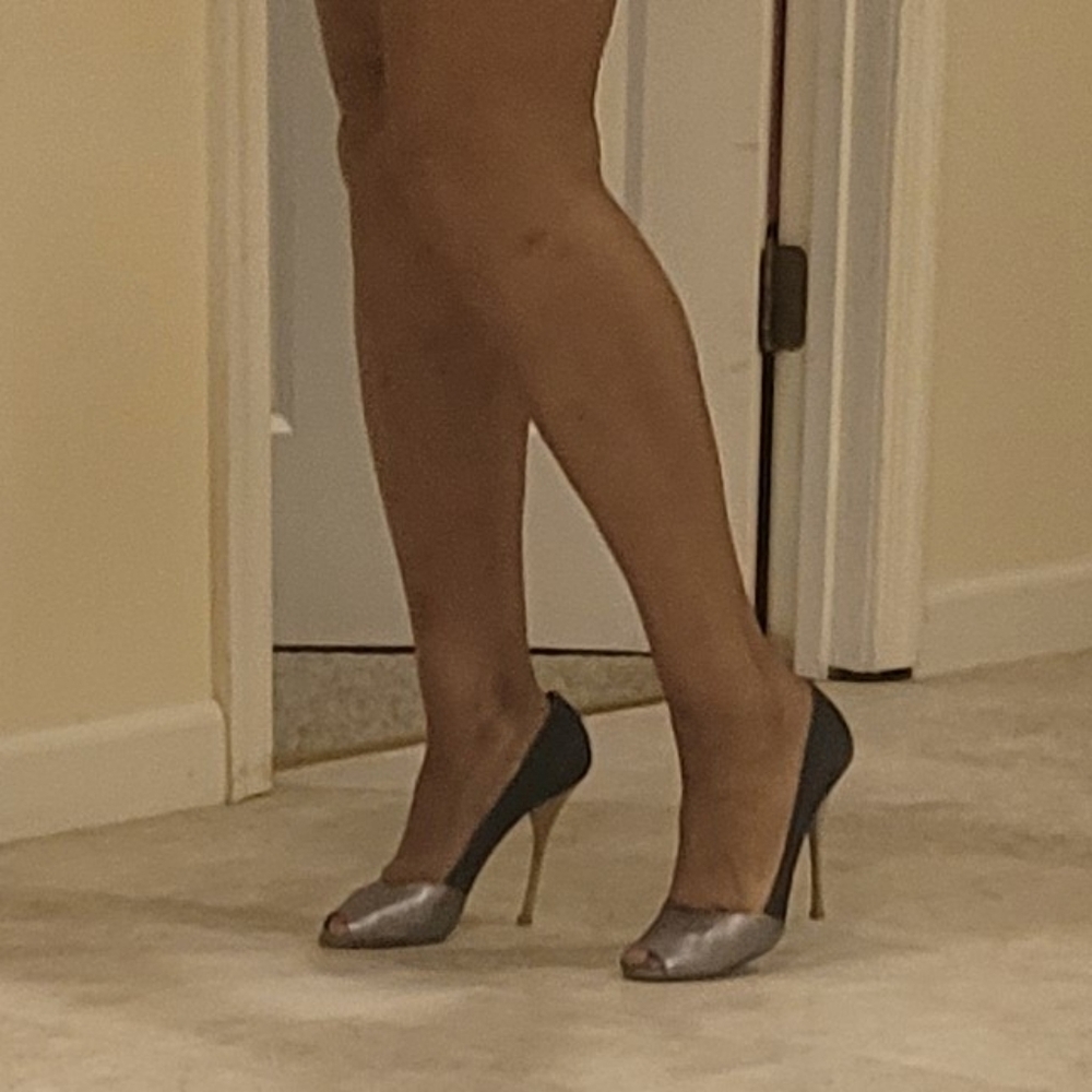 Elegant Denim and Silver Leather Peep-Toe Heels